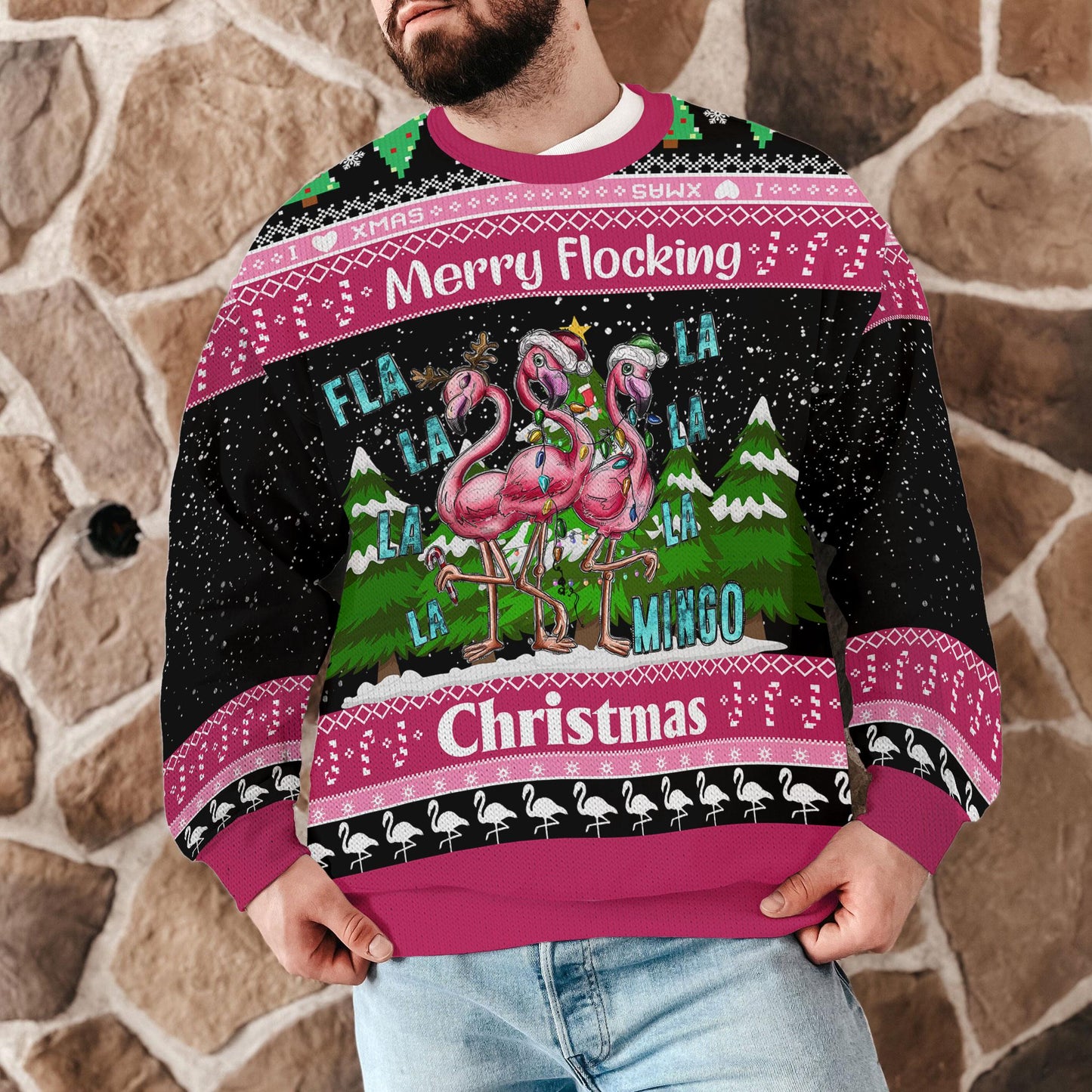 Merry Flocking Flamingo Ugly Christmas Sweater Funny Pink Bird Xmas Jumper Tropical Holiday Sweatshirt Gift For Men Women