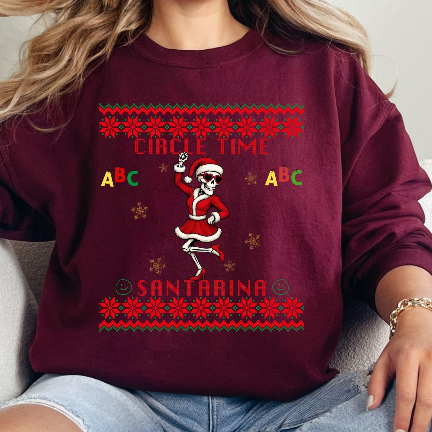 Ugly Christmas For Pre-K Teacher Christmas Skeleton Santa Sweatshirt Funny Christmas for Teacher Ugly Xmas