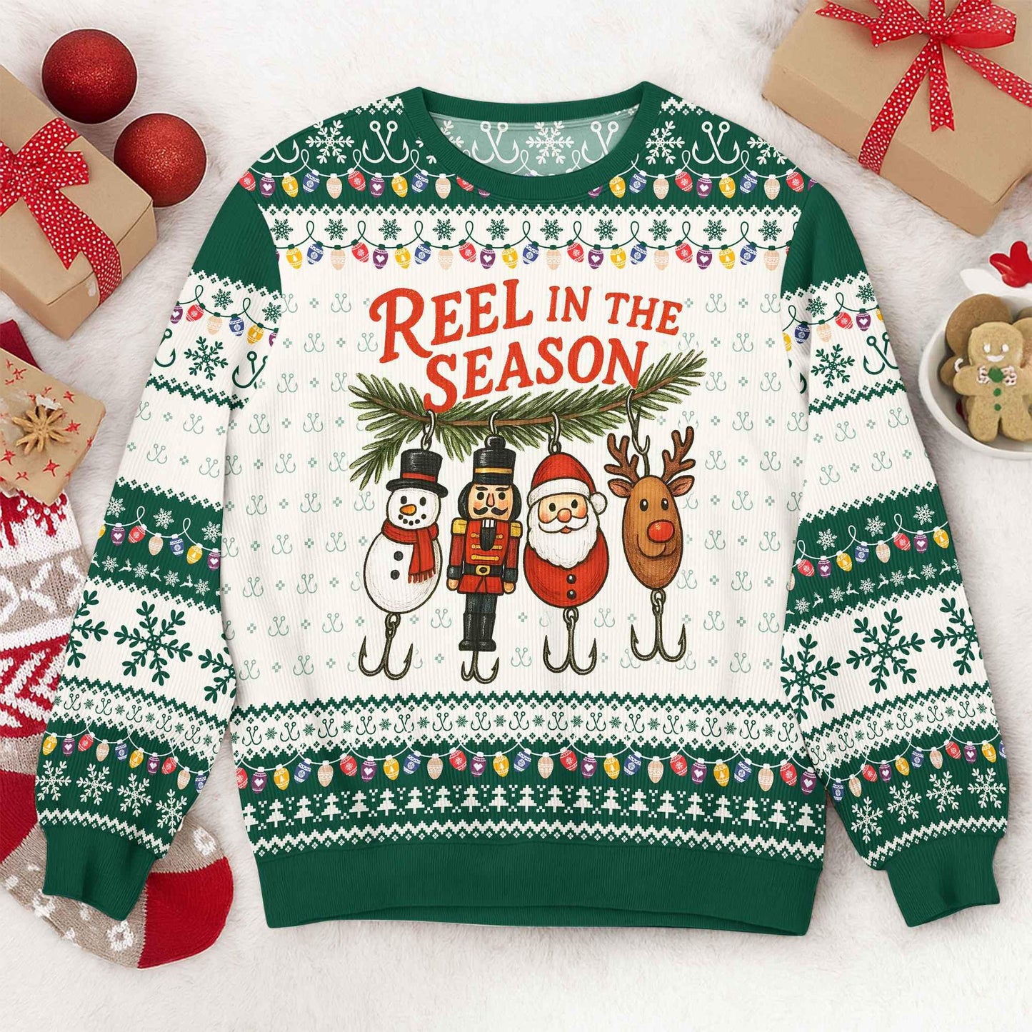 Funny Fishing Ugly Christmas Sweater, Reel in The Season Holiday Sweatshirt, Fisherman Xmas Jumper, Novelty Holiday Party Outfit