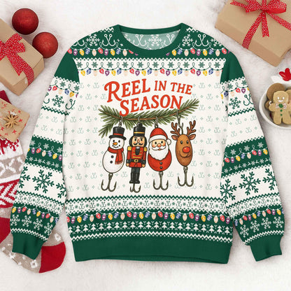Funny Fishing Ugly Christmas Sweater, Reel in The Season Holiday Sweatshirt, Fisherman Xmas Jumper, Novelty Holiday Party Outfit