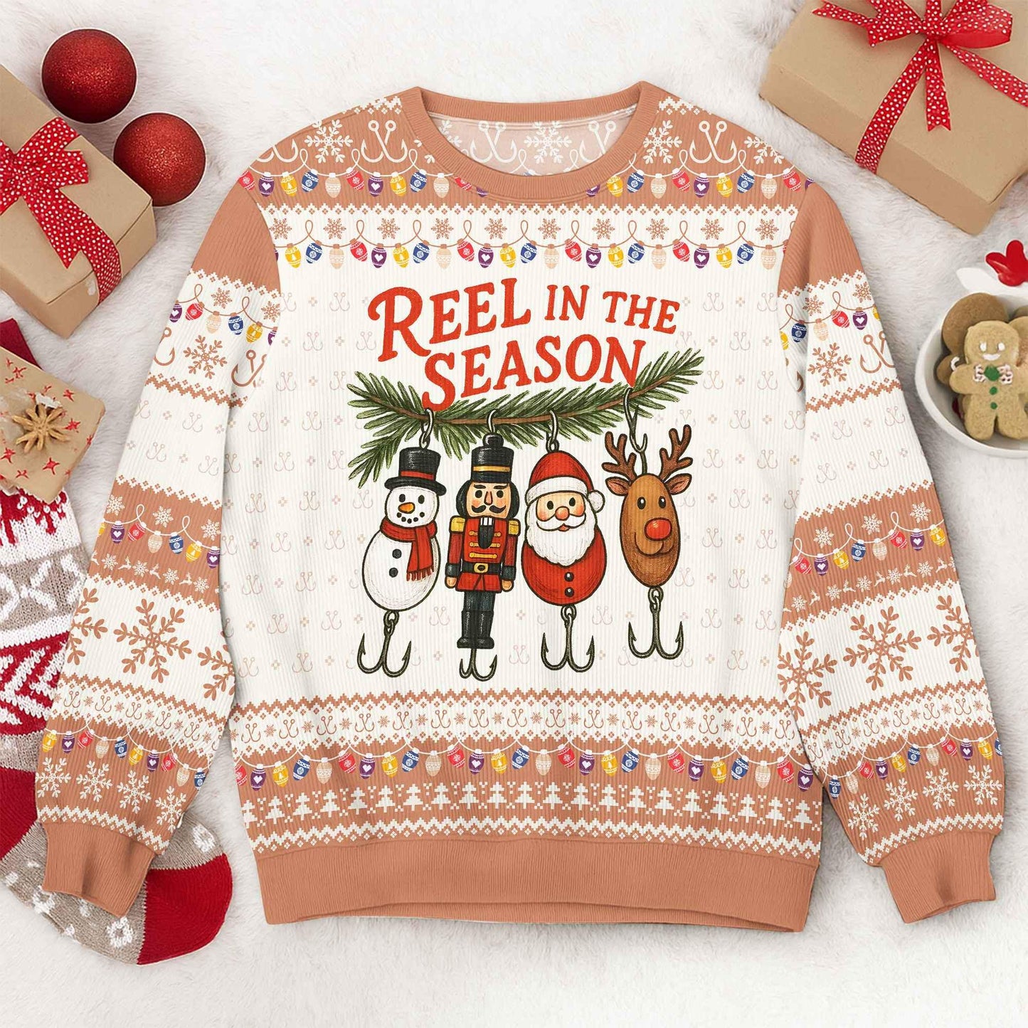 Funny Fishing Ugly Christmas Sweater, Reel in The Season Holiday Sweatshirt, Fisherman Xmas Jumper, Novelty Holiday Party Outfit