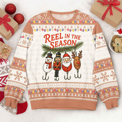 Funny Fishing Ugly Christmas Sweater, Reel in The Season Holiday Sweatshirt, Fisherman Xmas Jumper, Novelty Holiday Party Outfit