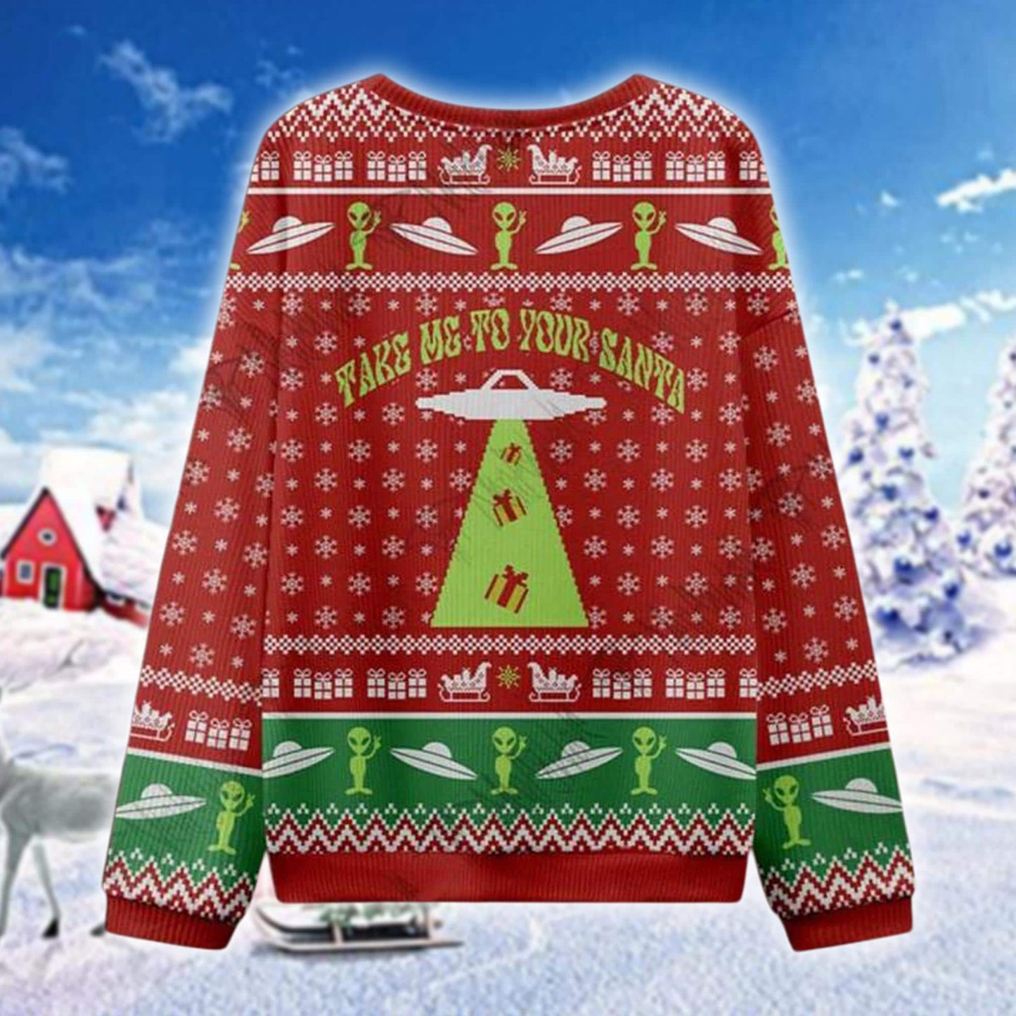 Alien Believes in Santa Ugly Christmas Sweater, Funny UFO Holiday Sweatshirt, Green Alien Xmas Jumper, Space Lover Gift for Him Her