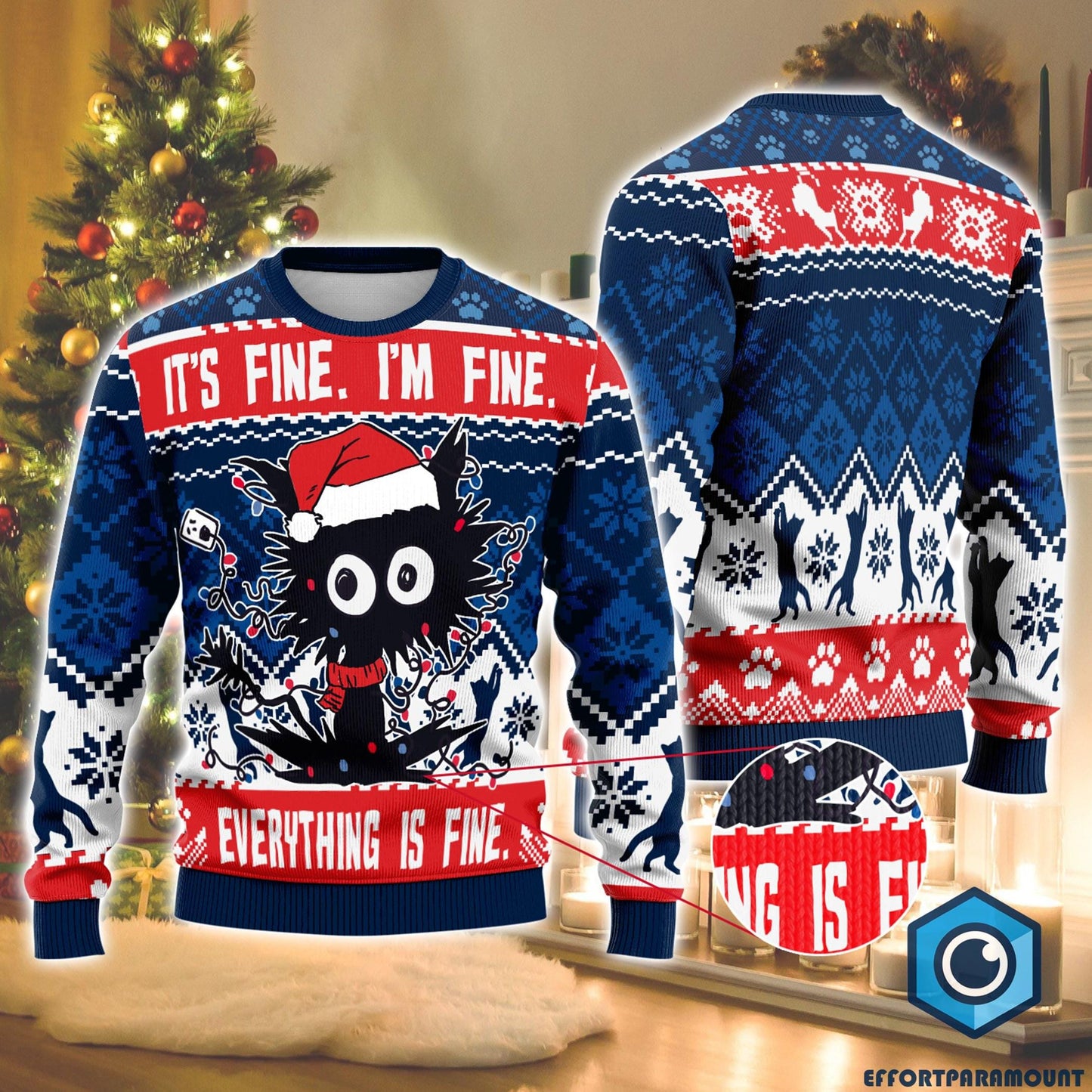 Funny Cat It's Fine I'm Fine Everything Is Fine Ugly Christmas Sweater, Mental Health Christmas Sweatshirt, Funny Christmas Sweater