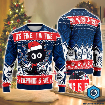Funny Cat It's Fine I'm Fine Everything Is Fine Ugly Christmas Sweater, Mental Health Christmas Sweatshirt, Funny Christmas Sweater