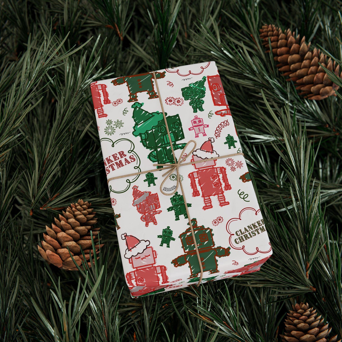 Kids Christmas Wrapping Paper: Funny Robot Ornament Design, Clanker Christmas