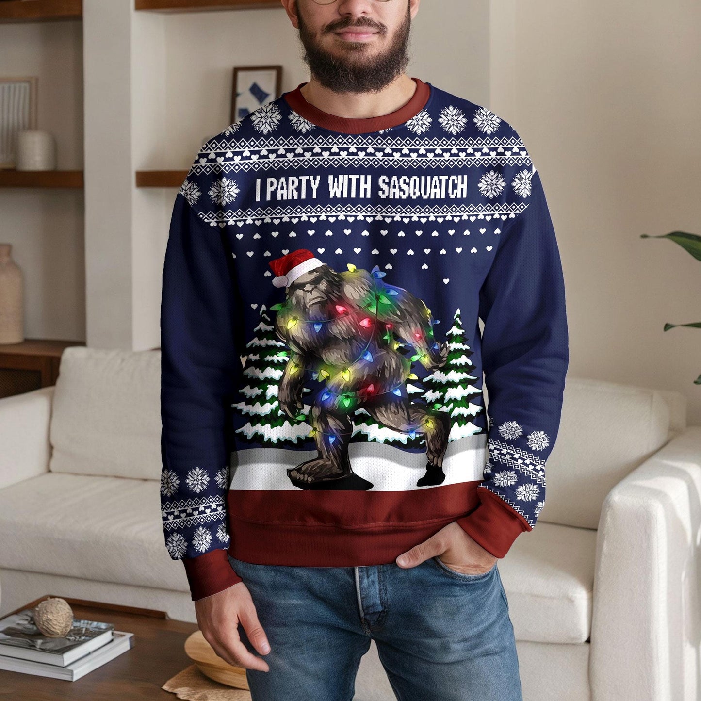 I Party With Sasquatch Ugly Christmas Sweater, Funny Bigfoot Xmas Sweatshirt for Men Women, Holiday Party Outfit Winter Gift Pullover