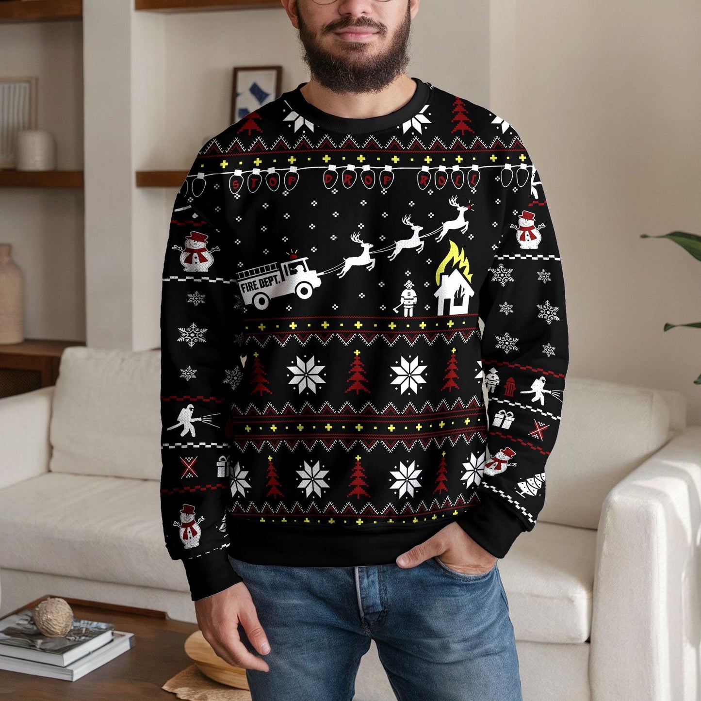 Funny Firefighter Ugly Christmas Sweater for Men, Fire Department Holiday Sweatshirt, Xmas Party Gift for Fireman, Fire Truck Reindeer Knit