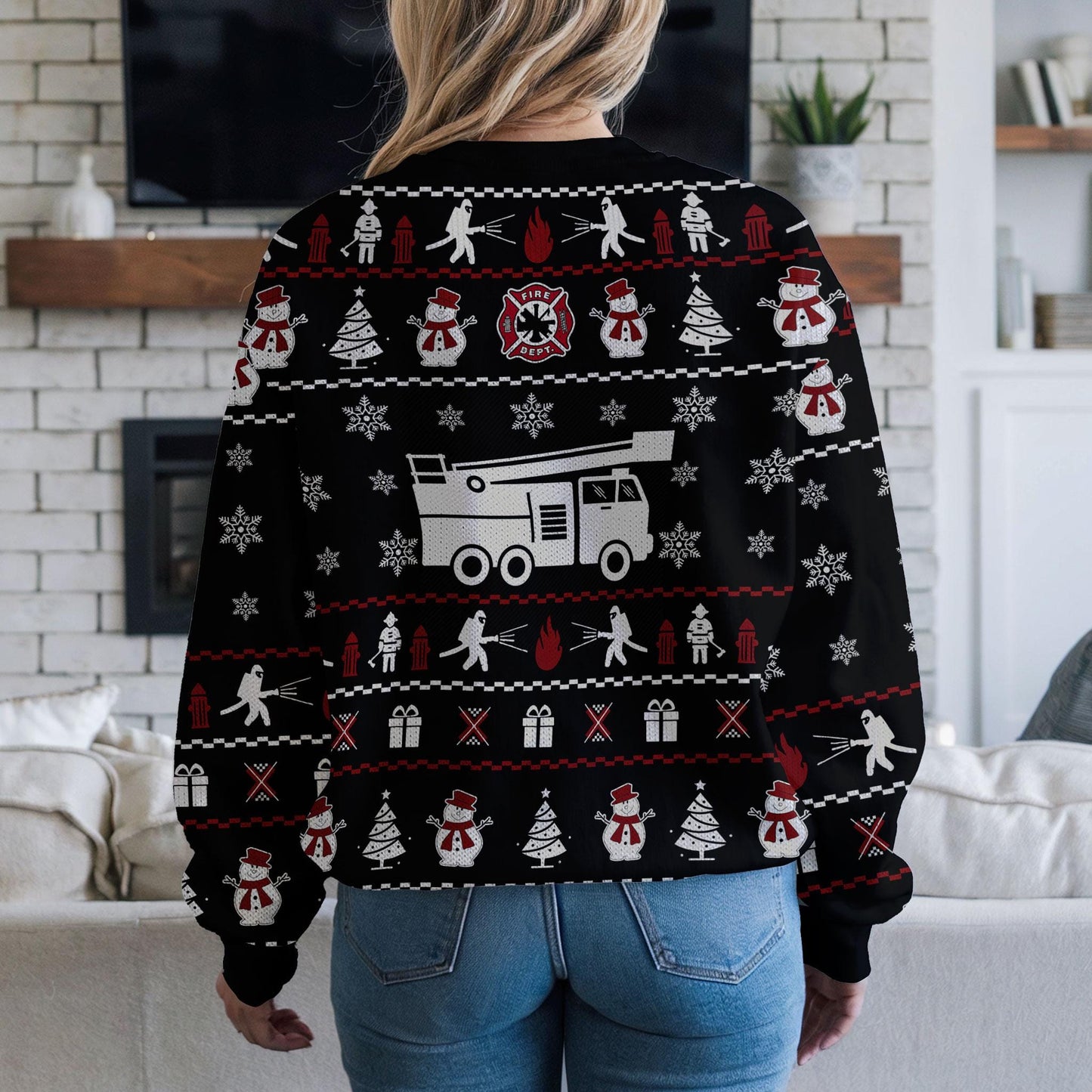 Funny Firefighter Ugly Christmas Sweater for Men, Fire Department Holiday Sweatshirt, Xmas Party Gift for Fireman, Fire Truck Reindeer Knit