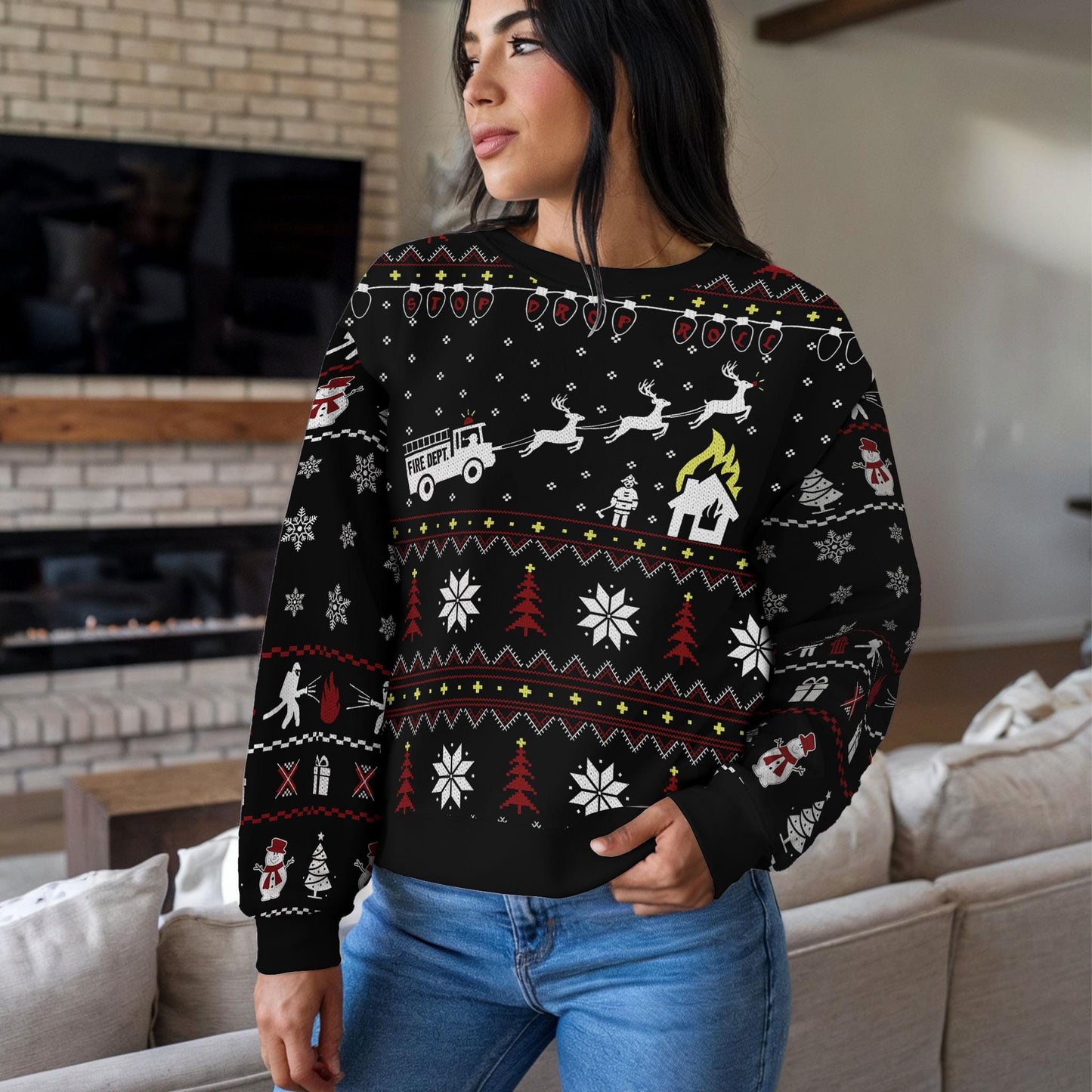 Funny Firefighter Ugly Christmas Sweater for Men, Fire Department Holiday Sweatshirt, Xmas Party Gift for Fireman, Fire Truck Reindeer Knit