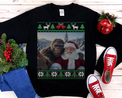 Bigfoot and Santa Taking Selfie Ugly Christmas Sweatshirt 100% Cotton : Sasquatch Holiday Party Shirt