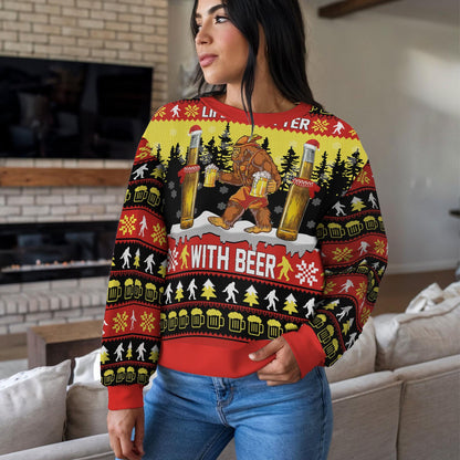Life Is Better with Beer Ugly Xmas Sweatshirt, Funny Beer Christmas Sweater for Men, Bigfoot Holiday Party Gift for Beer Lovers