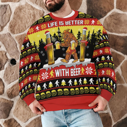 Life Is Better with Beer Ugly Xmas Sweatshirt, Funny Beer Christmas Sweater for Men, Bigfoot Holiday Party Gift for Beer Lovers