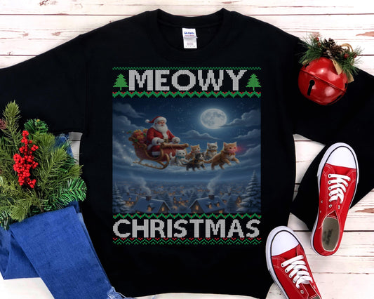 Cat Themed Ugly Christmas Sweatshirt 100% Cotton ; Kittens Flying Santa Sleigh Shirt