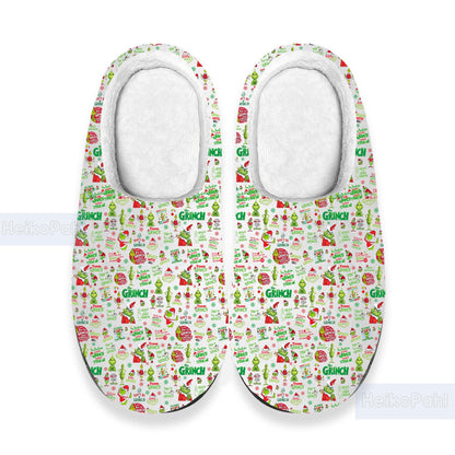Grinch Christmas 3D All Over Printed Slippers, Grinch Winter Slippers, Custom Rubber Slippers, Lightweight Rubber Sole, Cotton Slipper