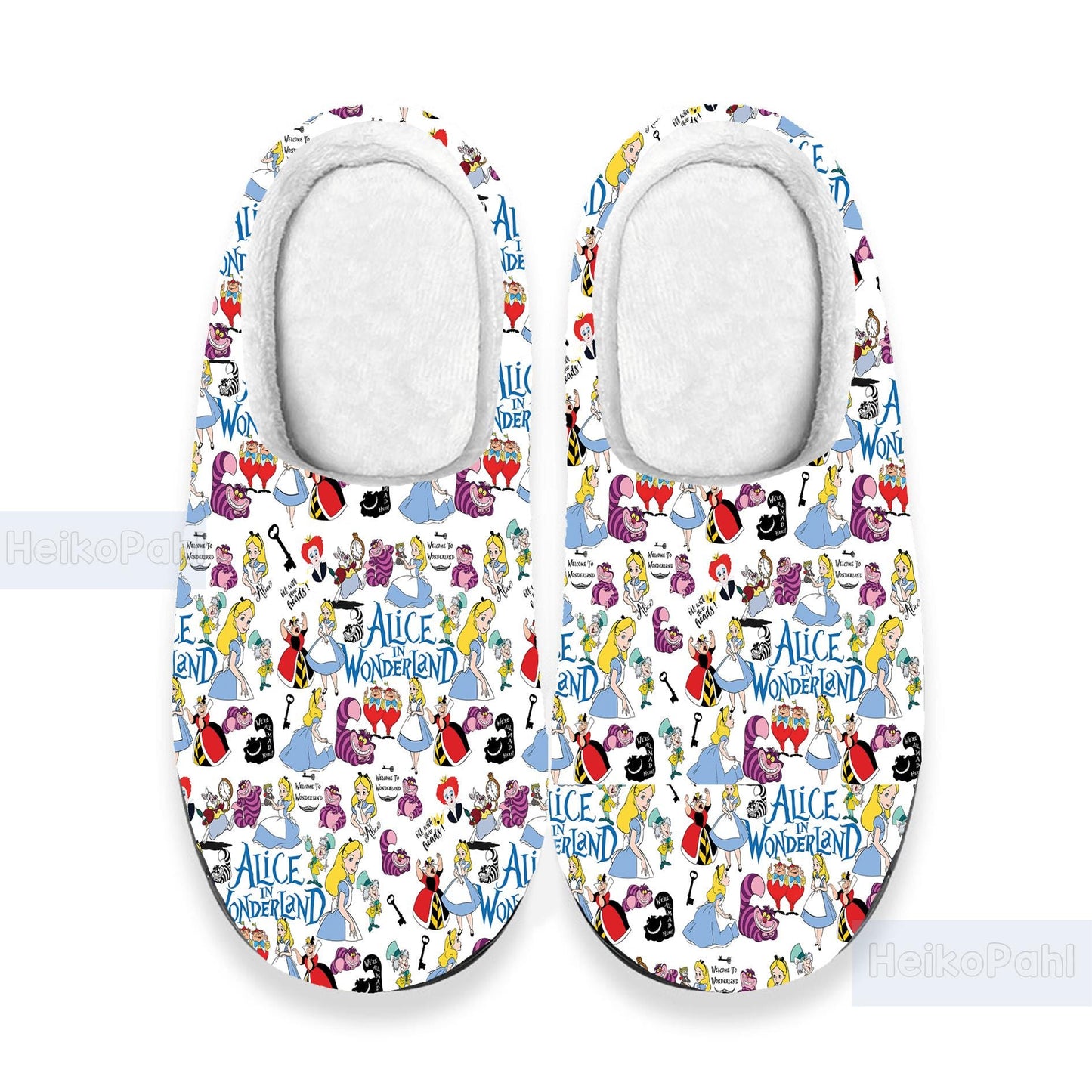 Alice In Wonderland Cartoon 3D All Over Print Slippers, Custom Rubber Slippers, Winter Slippers, Lightweight Rubber Sole, Cotton Slipper