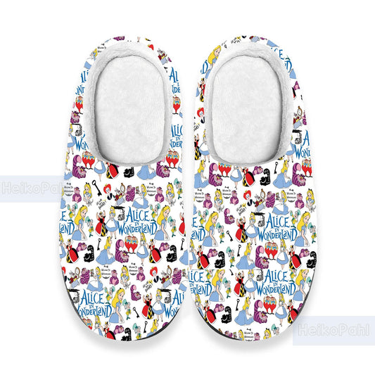 Alice In Wonderland Cartoon 3D All Over Print Slippers, Custom Rubber Slippers, Winter Slippers, Lightweight Rubber Sole, Cotton Slipper