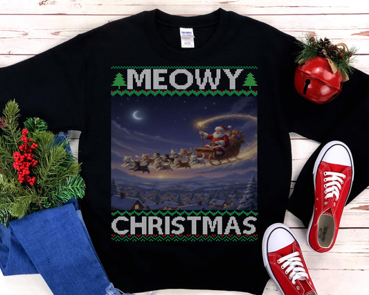 Cat Themed Ugly Christmas Sweatshirt 100% Cotton ; Kittens Pull Santa Sleigh Graphic Design Kitty Tee Shirt