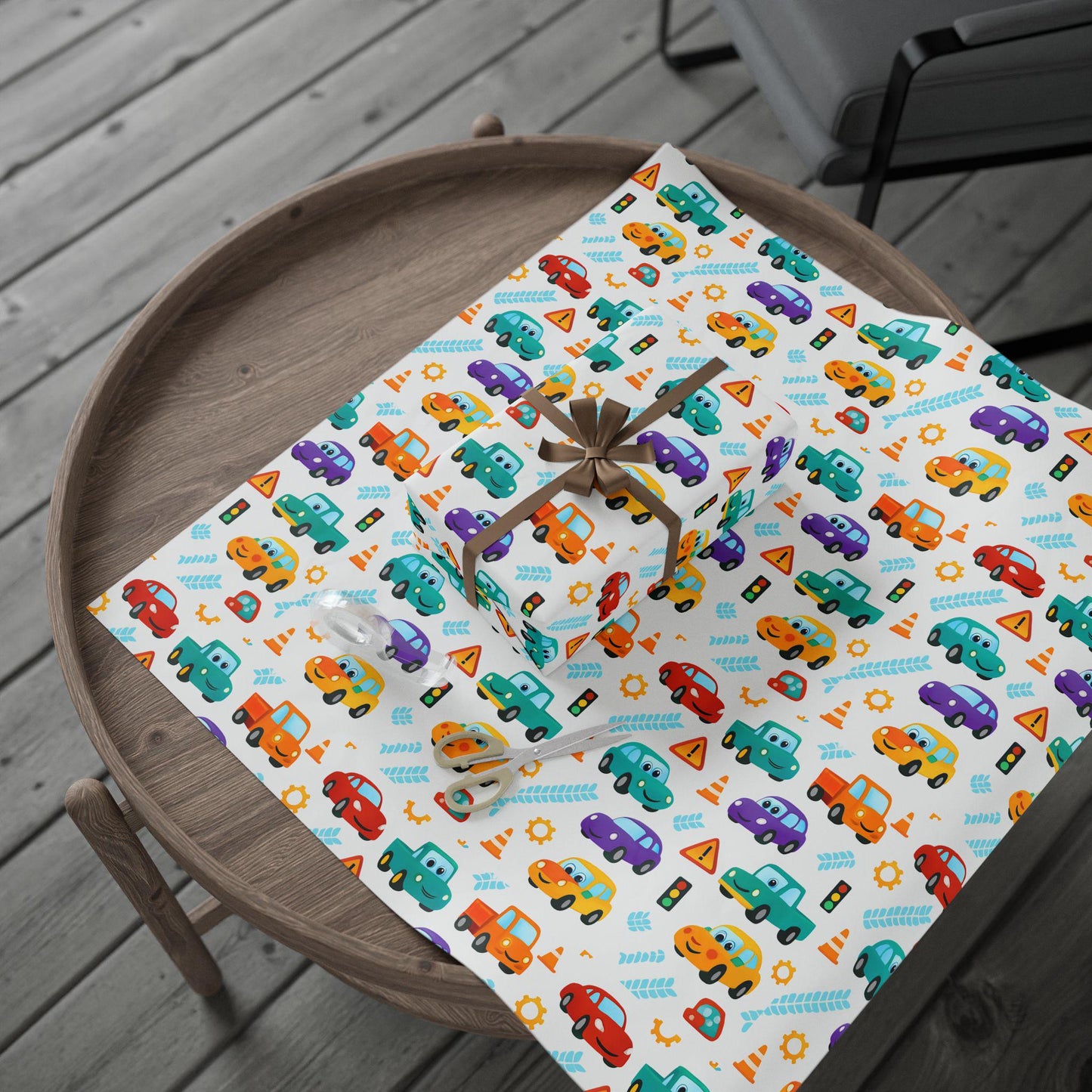 Cartoon Car Wrapping Paper: Fun Auto-Themed Kids Birthday Gift Wrap