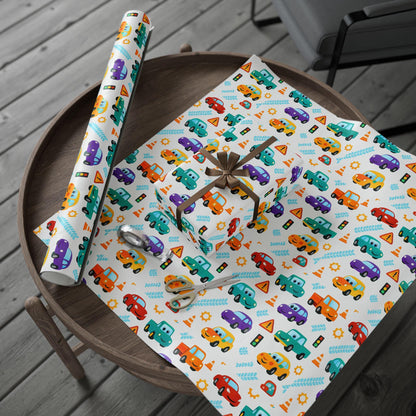 Cartoon Car Wrapping Paper: Fun Auto-Themed Kids Birthday Gift Wrap