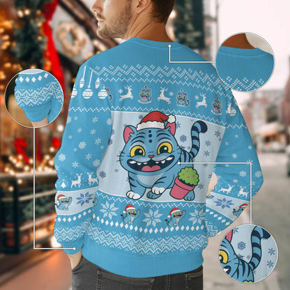 Cute Blue Tiger Christmas Ugly Sweater, Derpy Tiger Very Merry Sweater, Kpop Anime Sweater For Men Women, Fun Animals Holiday Sweater