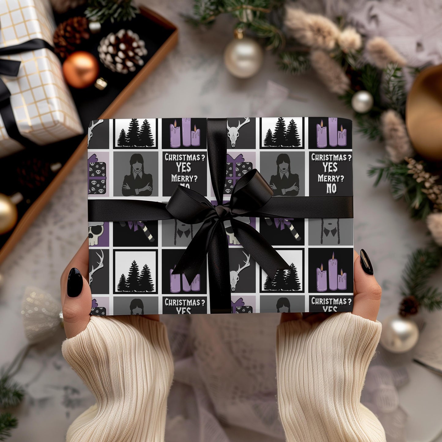 Wednesday Christmas Wrapping Paper: Xmas Goth Black Purple Gift Wrap