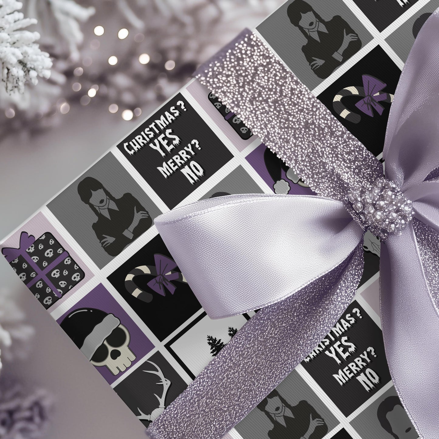 Wednesday Christmas Wrapping Paper: Xmas Goth Black Purple Gift Wrap