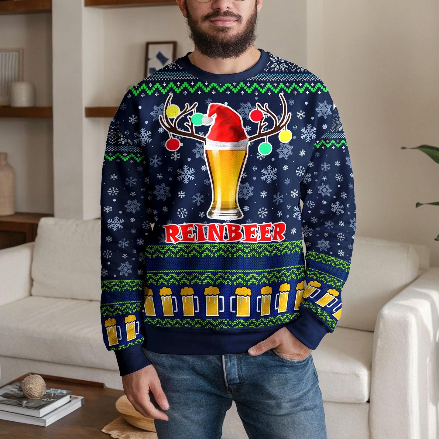 Reinbeer Christmas Sweater for Men Women, Funny Beer Reindeer Ugly Xmas Sweatshirt, Holiday Party Gift for Beer Lovers, Festive Winter Top