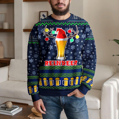 Reinbeer Christmas Sweater for Men Women, Funny Beer Reindeer Ugly Xmas Sweatshirt, Holiday Party Gift for Beer Lovers, Festive Winter Top