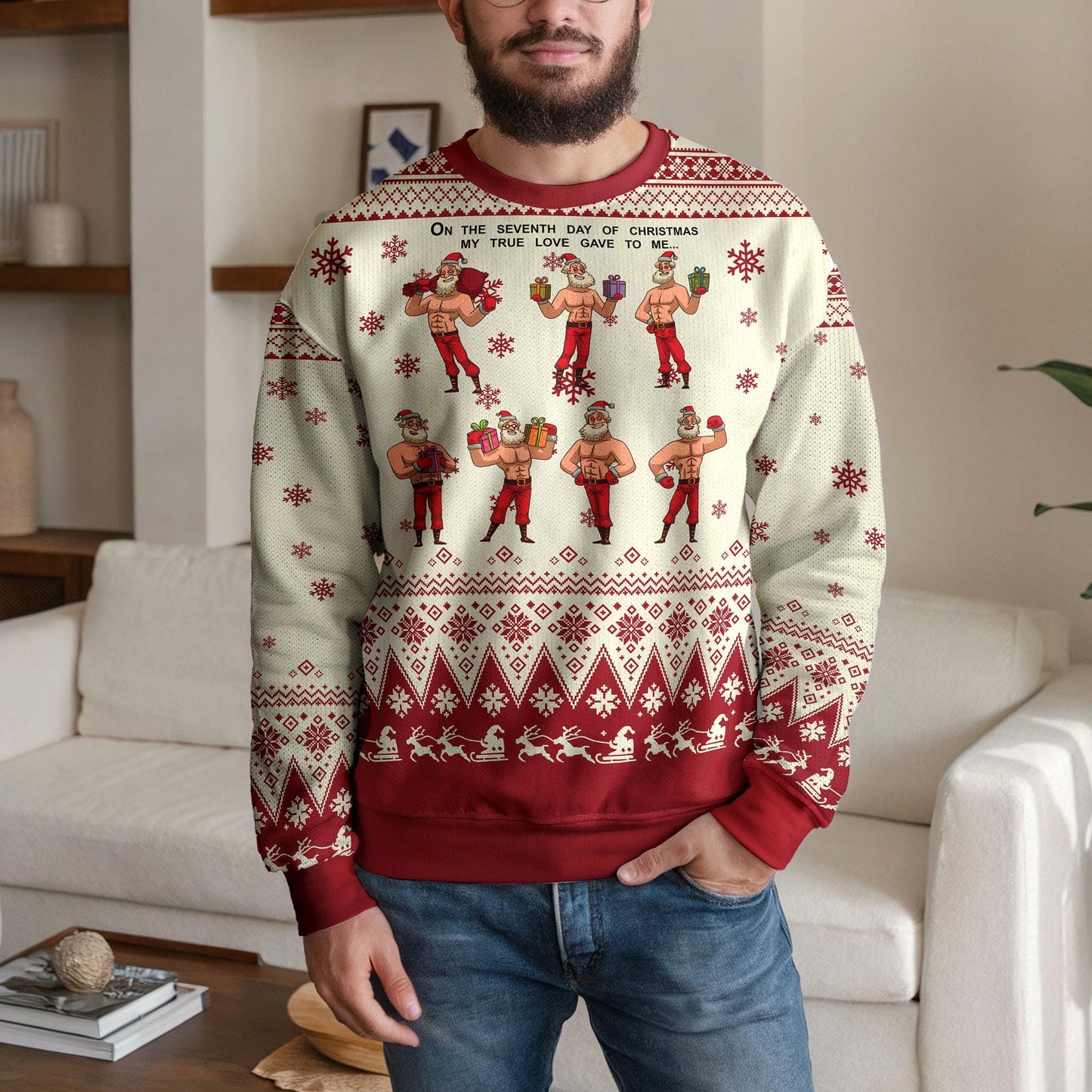 Funny Santa Christmas Sweater For Men Women, On The Seventh Day of Christmas Ugly Xmas Sweatshirt, Holiday Party Gift for Humor Lovers