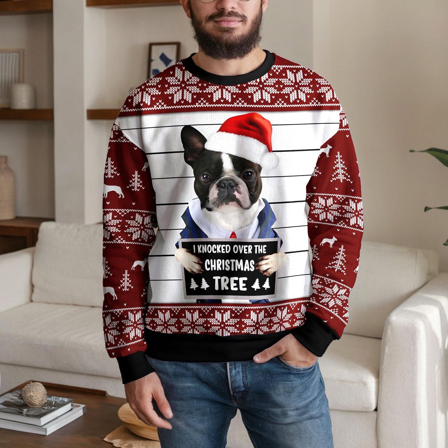 Funny Dog Christmas Sweater For Men Women, I Knocked Over the Christmas Tree Holiday Sweatshirt Gift for Dog Lovers, Pet Humor Ugly Xmas Top