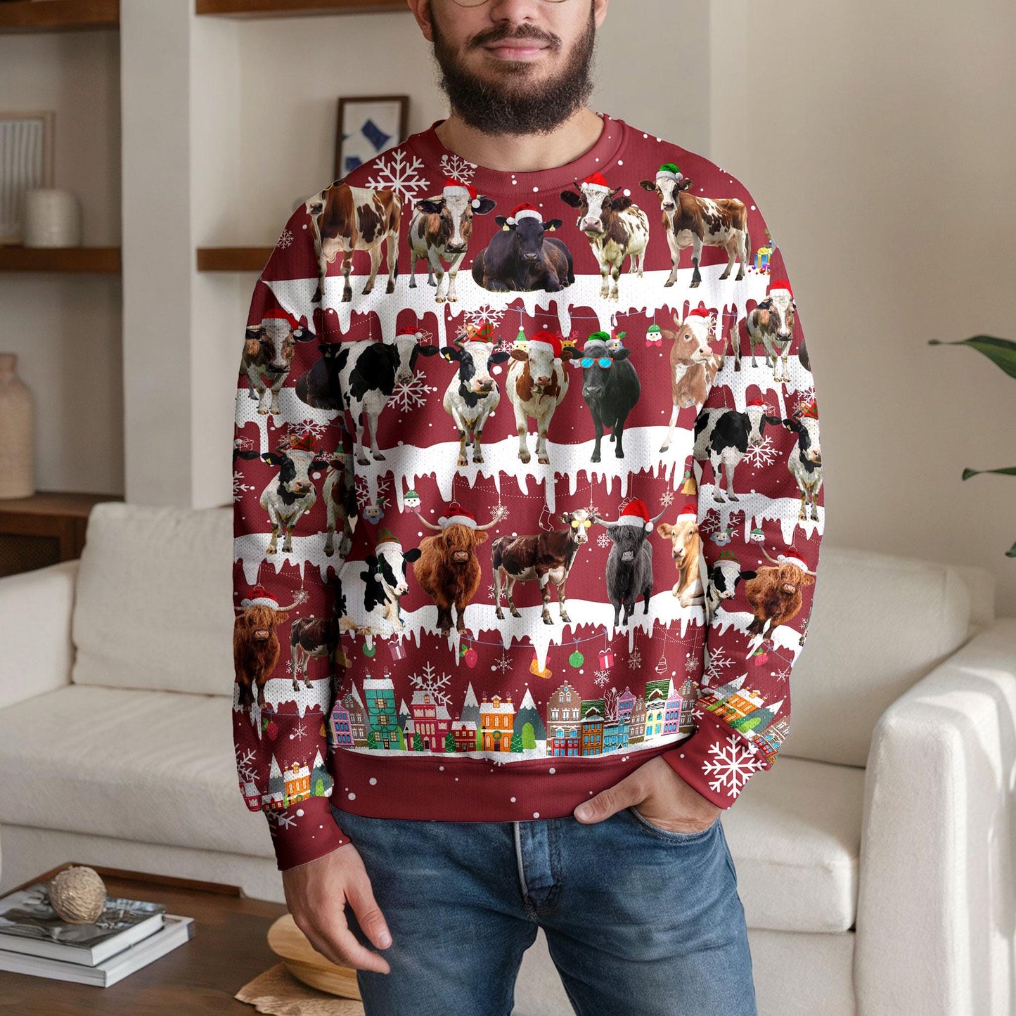 Funny Cow Christmas Sweater For Men Women, Farm Animal Ugly Xmas Sweatshirt with Holiday Snowflake Print, Festive Unisex Winter Party Outfit