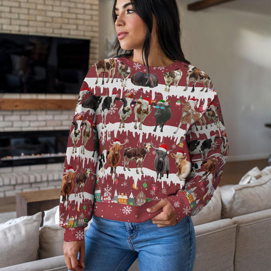 Funny Cow Christmas Sweater For Men Women, Farm Animal Ugly Xmas Sweatshirt with Holiday Snowflake Print, Festive Unisex Winter Party Outfit