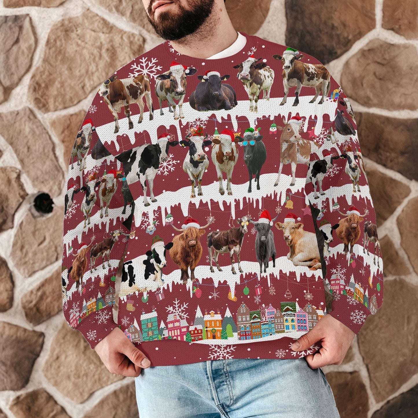Funny Cow Christmas Sweater For Men Women, Farm Animal Ugly Xmas Sweatshirt with Holiday Snowflake Print, Festive Unisex Winter Party Outfit