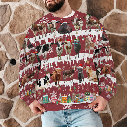 Funny Cow Christmas Sweater For Men Women, Farm Animal Ugly Xmas Sweatshirt with Holiday Snowflake Print, Festive Unisex Winter Party Outfit