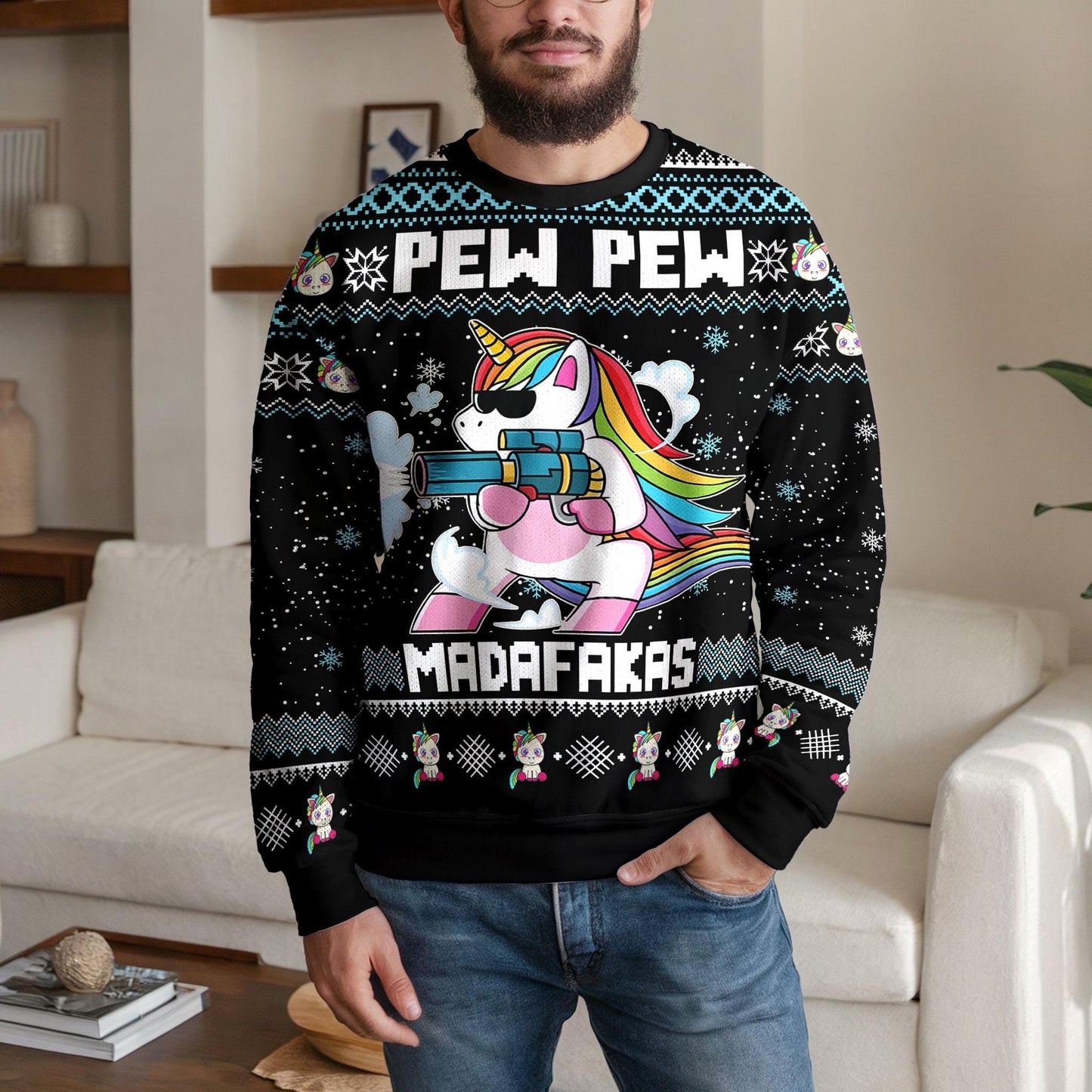 Funny Pew Pew Unicorn Christmas Sweater For Men Women, Hilarious Rainbow Unicorn Ugly Xmas Sweatshirt for Holiday Parties and Gifts