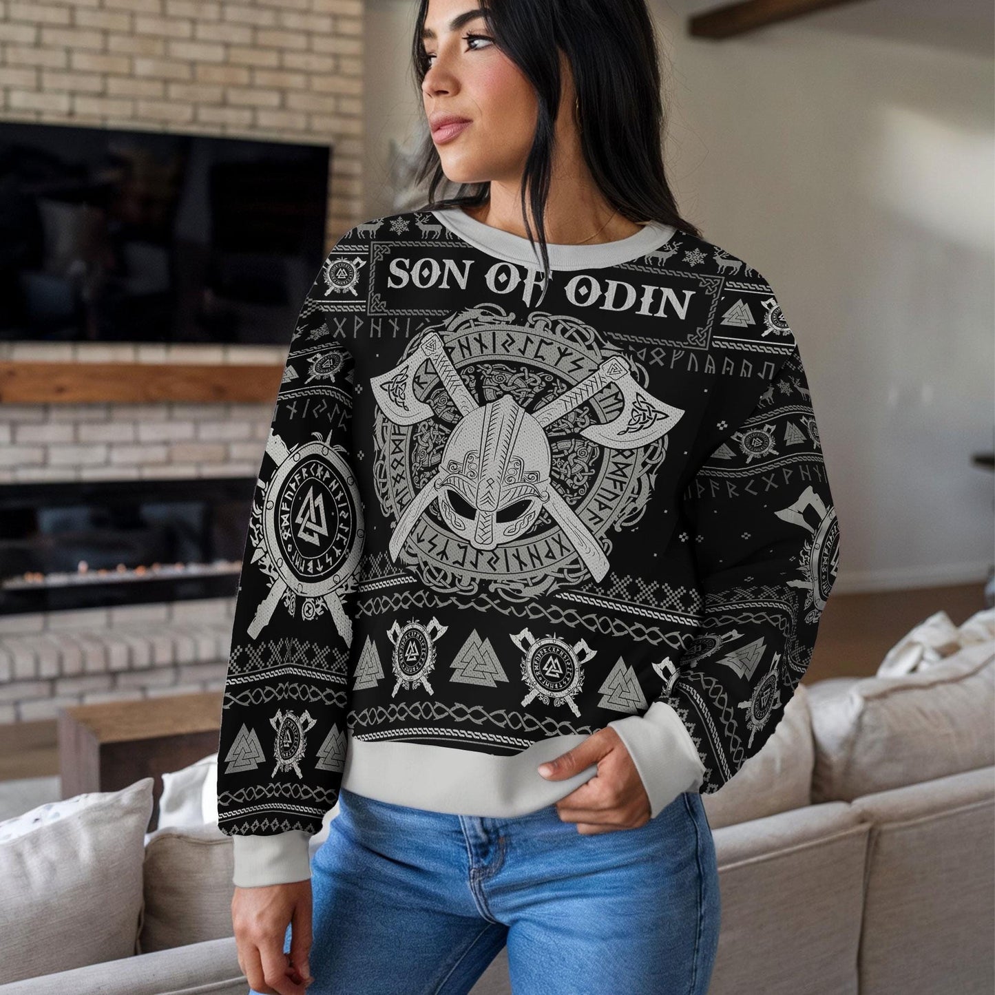 Son of Odin Viking Christmas Sweater For Men Women, Norse Mythology Ugly Xmas Sweatshirt with Runes Helm and Axes Nordic Warrior Gift