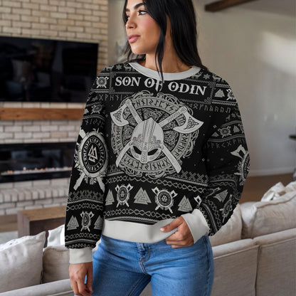Son of Odin Viking Christmas Sweater For Men Women, Norse Mythology Ugly Xmas Sweatshirt with Runes Helm and Axes Nordic Warrior Gift