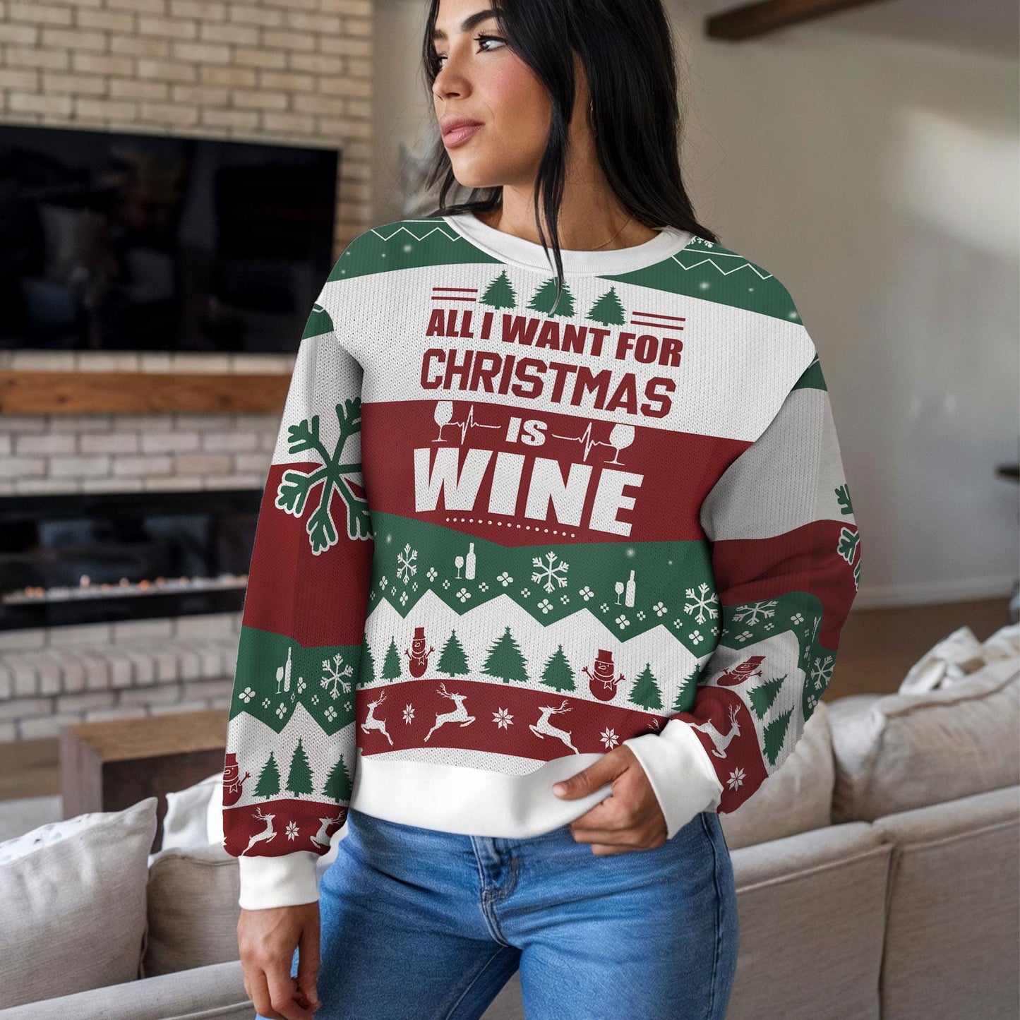 Funny All I Want For Christmas Is Wine Ugly Christmas Sweater For Men Women, Holiday Party Sweatshirt Gift for Wine Lovers and Friends