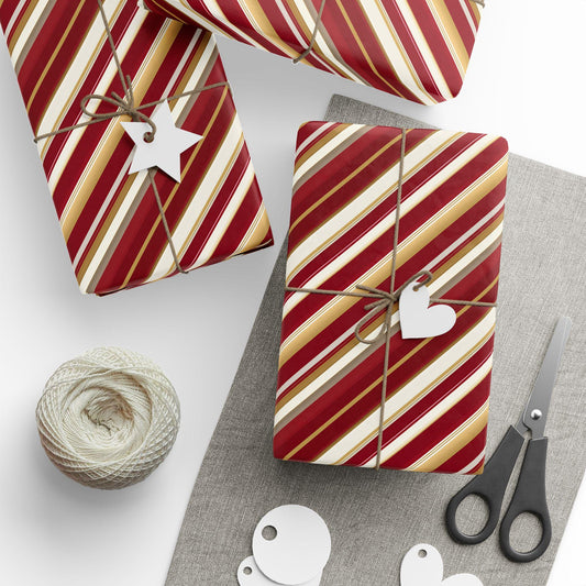 Vintage Christmas Wrapping Paper Red Gold Stripes | Paper Rolls Classy Gift Wrap | Elegant Holiday Packaging | Luxury Festive Gift Wrap