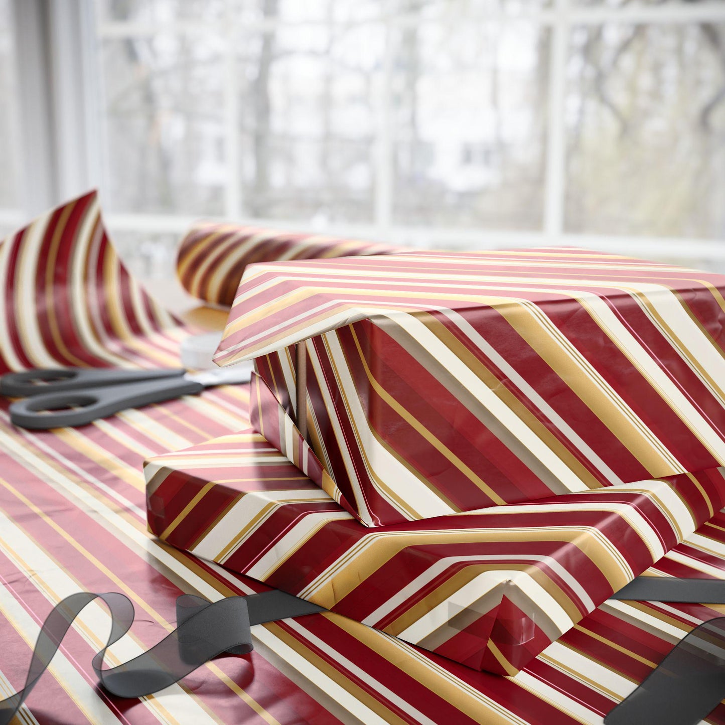 Vintage Christmas Wrapping Paper Red Gold Stripes | Paper Rolls Classy Gift Wrap | Elegant Holiday Packaging | Luxury Festive Gift Wrap