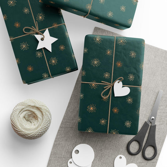 Vintage Christmas Green Gold Wrapping Paper Rolls- Christmas Gift Wrap Retro, Holiday Festive Gift Packaging, Festive Xmas Paper