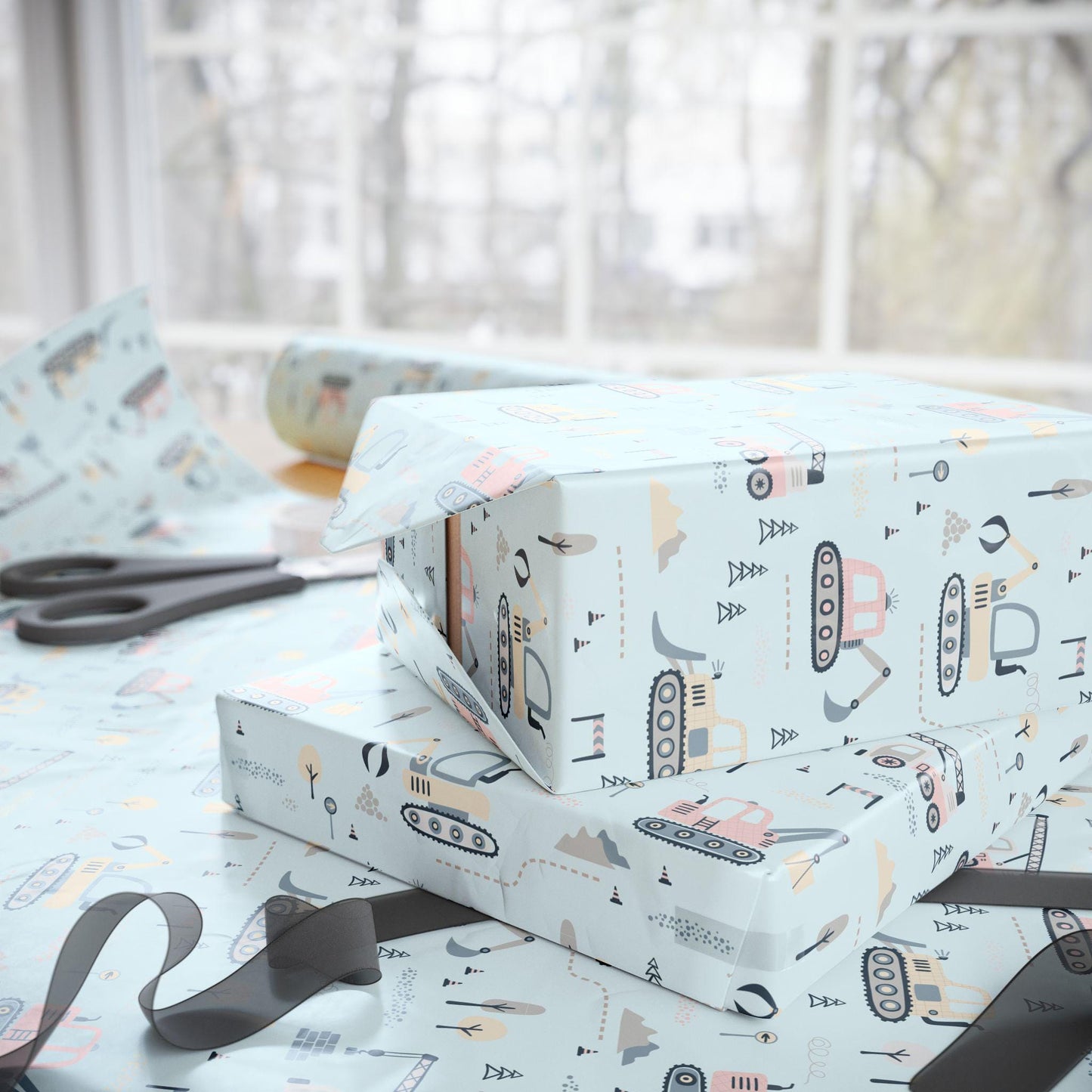 Baby Blue Construction Trucks Gift Wrap: Baby Shower Birthday Paper
