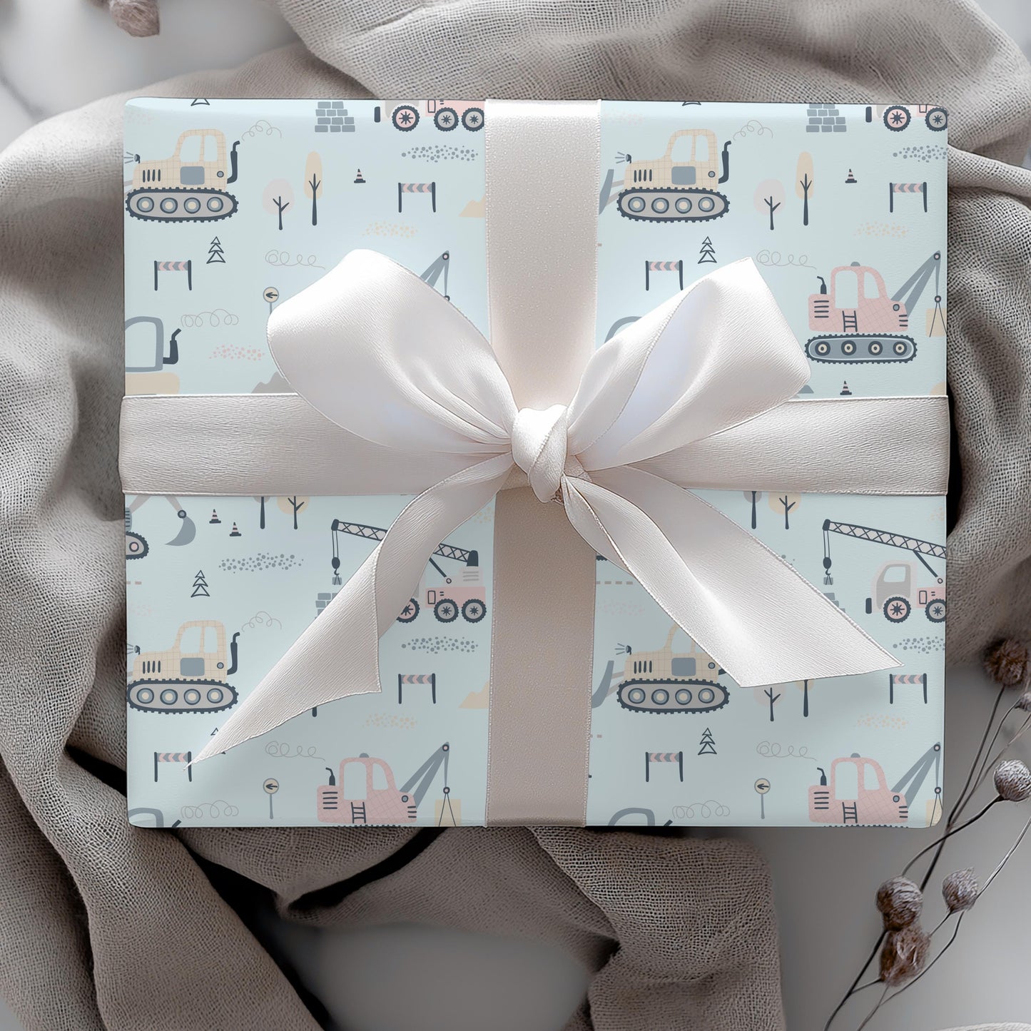 Baby Blue Construction Trucks Gift Wrap: Baby Shower Birthday Paper