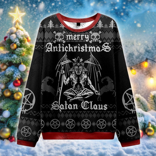 Merry Antichristmas Satan Claus Sweater, Gothic Baphomet Xmas Ugly Sweater, Dark Humor Holiday Jumper, Occult Christmas Gift for Him Her