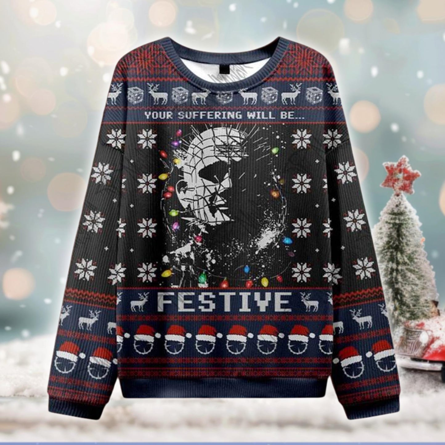 Hellraiser Ugly Christmas Sweater, Horror Movie Festive Jumper, Pinhead Holiday Sweatshirt, Gothic Xmas Party Gift for Him or Her