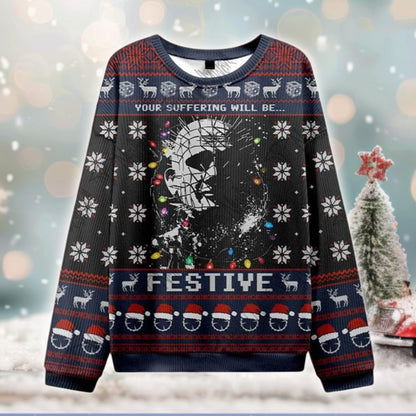 Hellraiser Ugly Christmas Sweater, Horror Movie Festive Jumper, Pinhead Holiday Sweatshirt, Gothic Xmas Party Gift for Him or Her