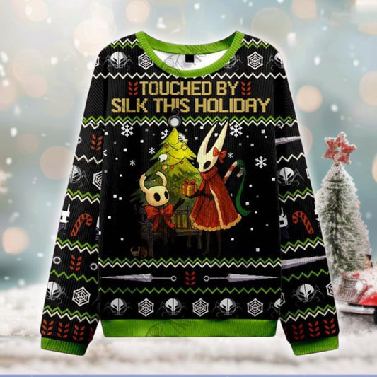 Touched By Silk Holiday Ugly Christmas Sweater, Hollow Insect Game Cosplay Sweatshirt, Funny Gamer Xmas Gift for Fans, Bug Knight Jumper
