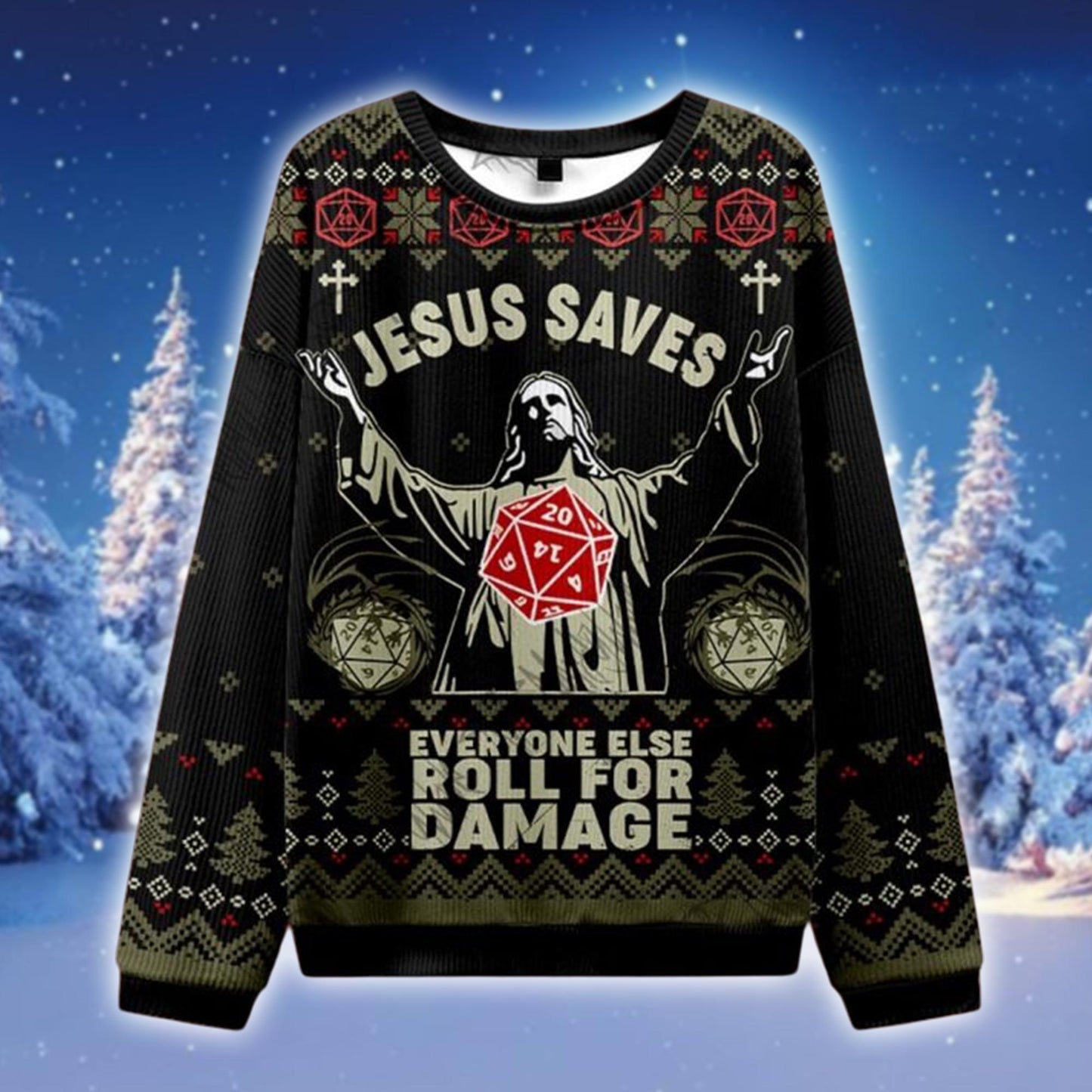 Jesus Saves Roll For Damage Ugly Christmas Sweater, Funny DnD Gamer Holiday Sweatshirt, Nat 20 Dice Christmas Jumper, Dungeon Master Gift