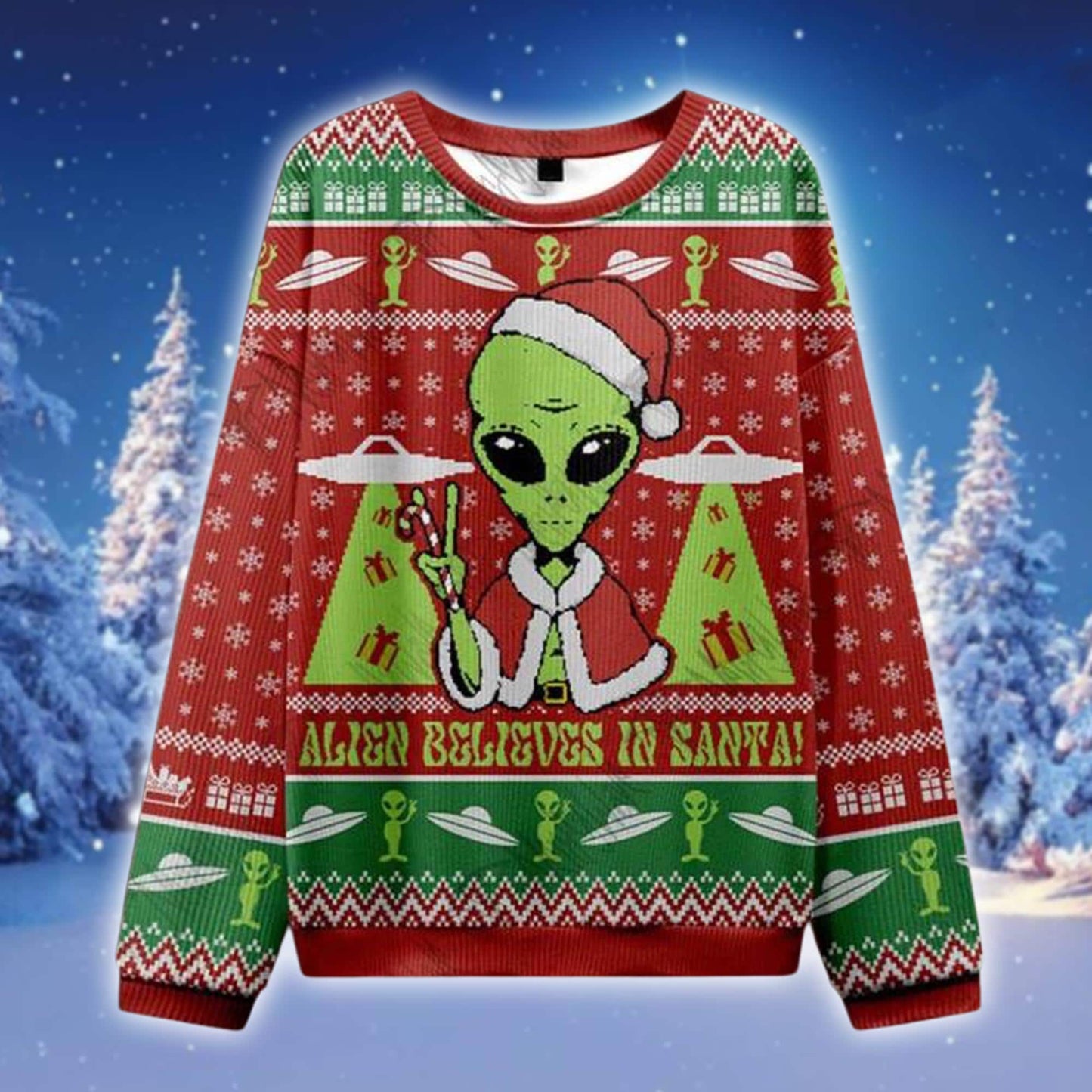 Alien Believes in Santa Ugly Christmas Sweater, Funny UFO Holiday Sweatshirt, Green Alien Xmas Jumper, Space Lover Gift for Him Her